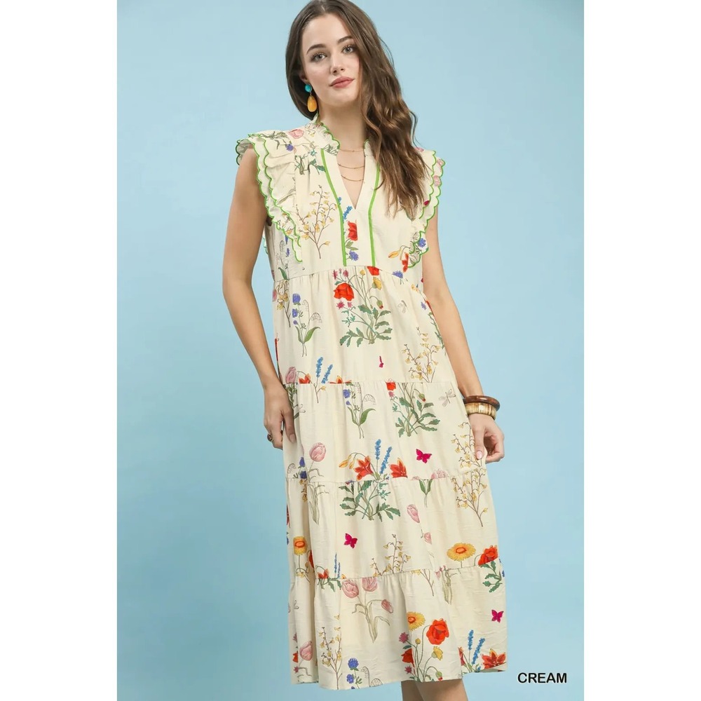 Umgee Floral Ruffle Tiered Midi Dress with Scalloped Detail - Medium - Picture 4 of 7